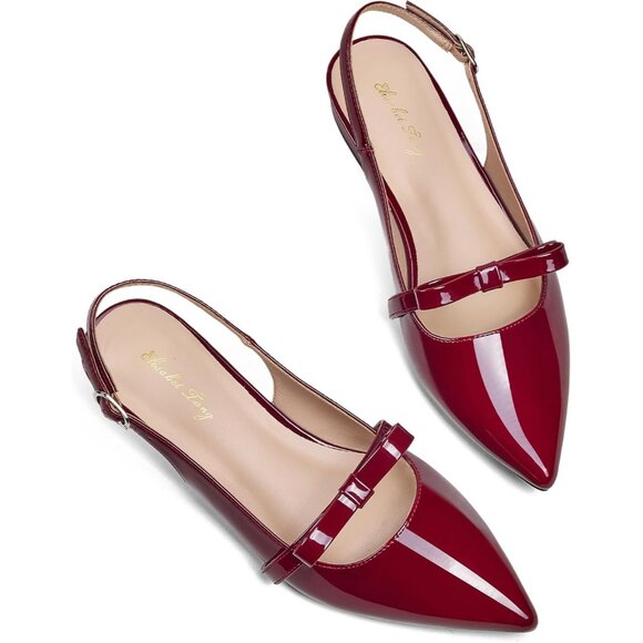 Women Wine Red Polyurethane (PU) Rhinestone Pointed Toe Slingback Flats Shoes - Picture 1 of 6